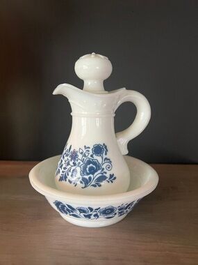 Vintage Avon Milk Glass Pitcher and Bowl: Delft Blue Floral Bath Set
